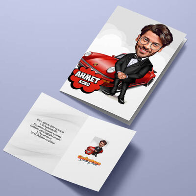 Spor Arabalı Erkek Karikatürlü Tebrik Kartı - 4