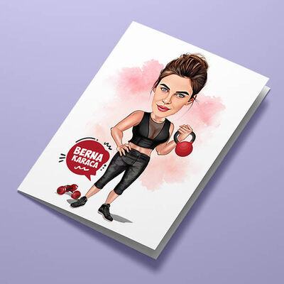 Spor Yapan Kadın Karikatürlü Tebrik Kartı - 1