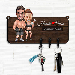 Spor Yapmayı Seven Çiftler Karikatürlü Anahtar Askısı