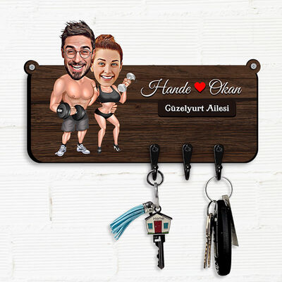Spor Yapmayı Seven Çiftler Karikatürlü Anahtar Askısı - 1