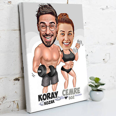 Sporcu Çiftler Karikatürlü Kanvas Tablo - 1