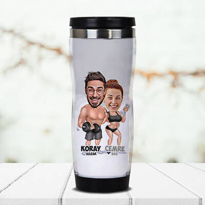 Sporcu Çiftler Karikatürlü Termos Bardak - 1