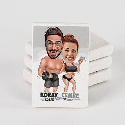 Sporcu Sevgililer Karikatürlü Taş Buzdolabı Magneti - 1