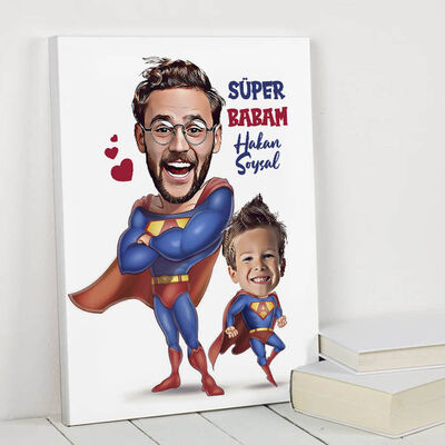 Süper Baba ve Oğlu Karikatürlü Kanvas Tablo - 1