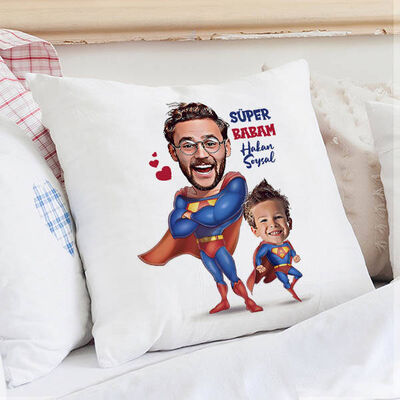 Süper Baba ve Oğlu Karikatürlü Yastık - 1