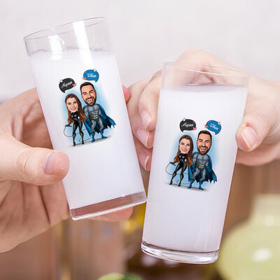 Süper Kahraman Aşıklar Karikatürlü İkili Rakı Bardağı Seti - 2