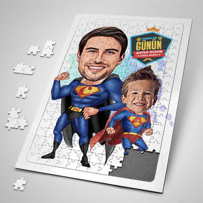 Süper Kahraman Baba ve Oğlu Karikatürlü Puzzle - 1