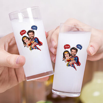 Süper Kahraman Çift Karikatürlü İkili Rakı Bardağı Seti - 2