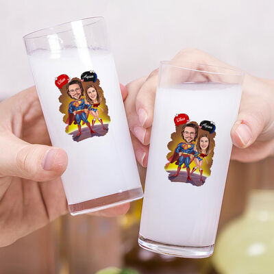Süper Kahraman Çiftleri Karikatürlü İkili Rakı Bardağı Seti - 2
