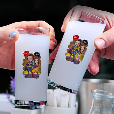 Süper Kahraman Çiftleri Karikatürlü İkili Rakı Bardağı Seti - 1