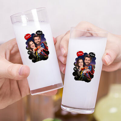 Süper Kahramanların Aşkı Karikatürlü İkili Rakı Bardağı Seti - 2