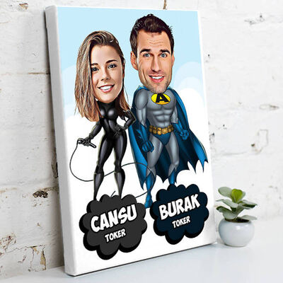 Süper Sevgililer Karikatürlü Kanvas Tablo - 1