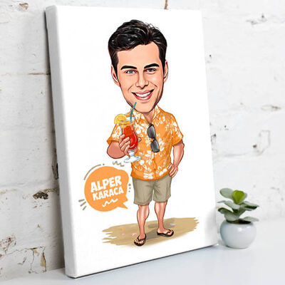 Tatil Yapan Erkek Karikatürlü Kanvas Tablo - 1
