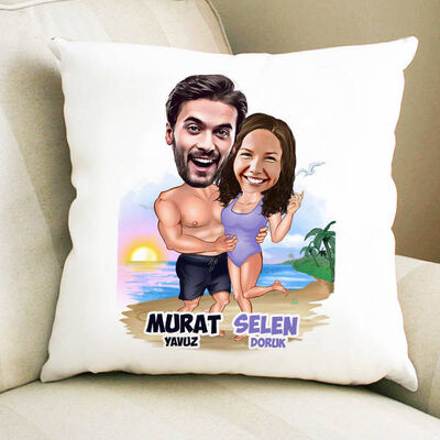 Tatildeki Aşıklar Karikatürlü Yastık - 1