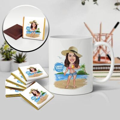 Tatildeki Güzel Kadın Karikatürlü Kupa ve Çikolata - 1