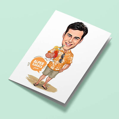 Tatildeki Keyifli Erkek Karikatürlü Tebrik Kartı - 1