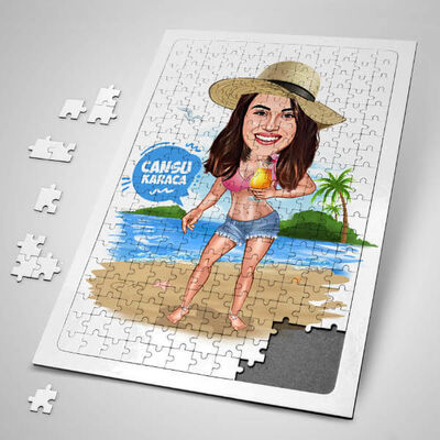 Tatildeki Şapkalı Kız Karikatürlü Puzzle - 1