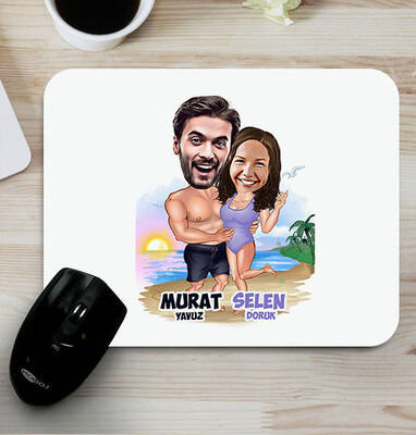 Tatildeki Sevgililer Karikatürlü Mouse Pad - 1