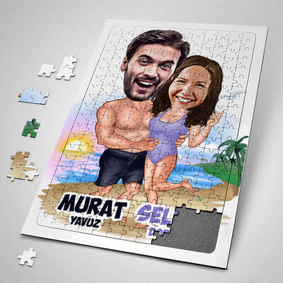 Tatildeki Sevgililer Karikatürlü Puzzle - 1