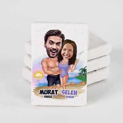 Tatildeki Sevgililer Karikatürlü Taş Buzdolabı Magneti - 1