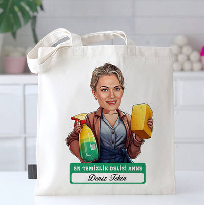 Temizlik Delisi Anne Karikatürlü Bez Çanta - 1