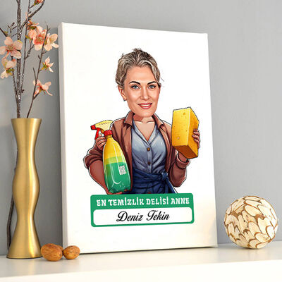 Temizlik Delisi Anne Karikatürlü Kanvas Tablo - 1