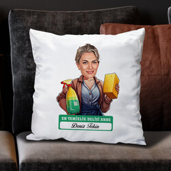 Temizlik Delisi Anne Karikatürlü Yastık - 1