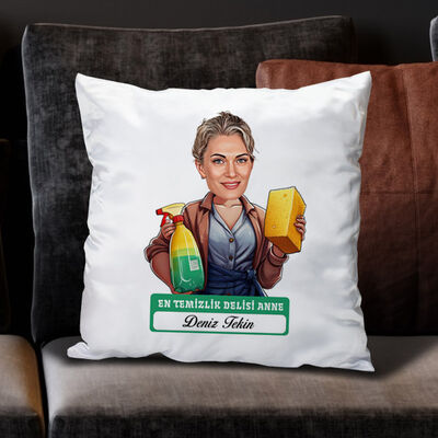 Temizlik Delisi Anne Karikatürlü Yastık - 1