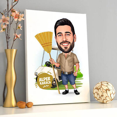 Temizlikçi Erkek Karikatürlü Kanvas Tablo - 1