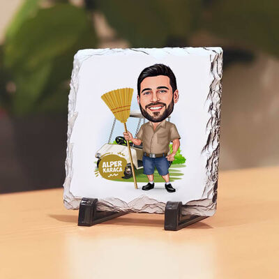 Temizlikçi Erkek Karikatürlü Taş Baskı - 1