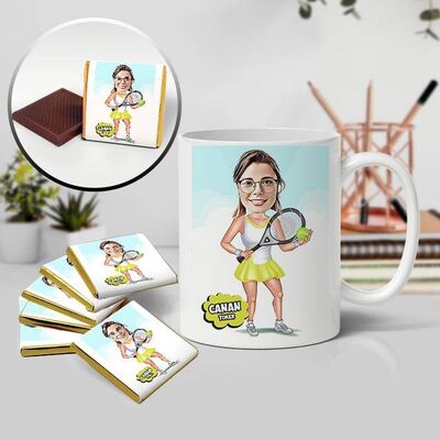 Tenis Oynayan Kadın Karikatürlü Kupa ve Çikolata - 1