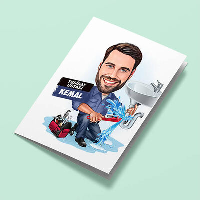 Tesisatçı Erkek Karikatürlü Tebrik Kartı - 1