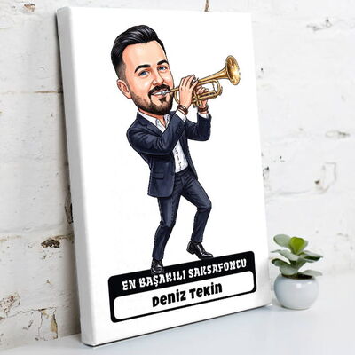 Trompetçi Müzisyen Erkek Karikatürlü Kanvas Tablo - 1