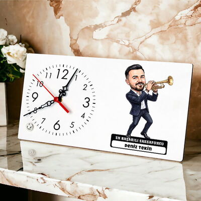 Trompetçi Müzisyen Erkek Karikatürlü Masa Saati - 1