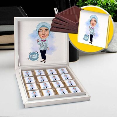 Turkuaz Başörtülü Kadın Karikatürlü Çikolata Kutusu - 1
