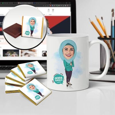Turkuaz Başörtülü Kadın Karikatürlü Kupa ve Çikolata - 1