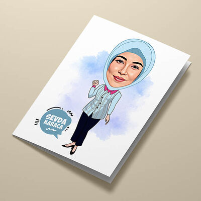 Turkuaz Başörtülü Kadın Karikatürlü Tebrik Kartı - 2