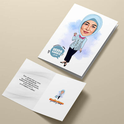 Turkuaz Başörtülü Kadın Karikatürlü Tebrik Kartı - 4