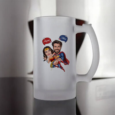 Uçan Süper Kahraman Çiftler Karikatürlü Bira Bardağı - 4