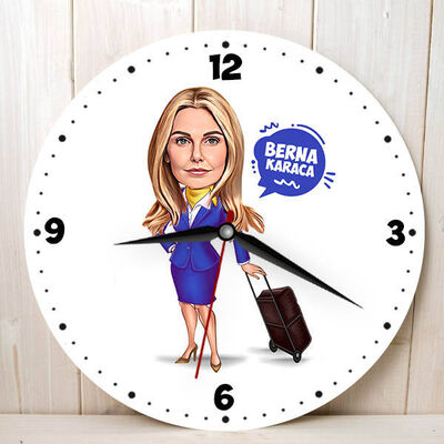 Uçuş Görevlisi Kadın Karikatürlü Duvar Saati - 1
