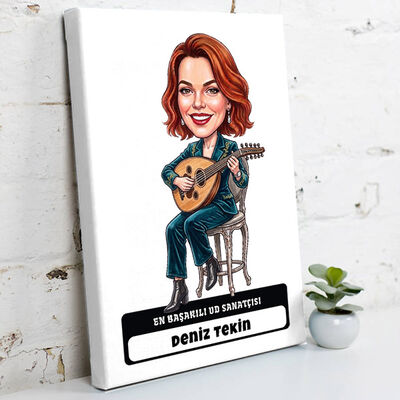 Ud Sanatçısı Müzisyen Kadın Karikatürlü Kanvas Tablo - 1
