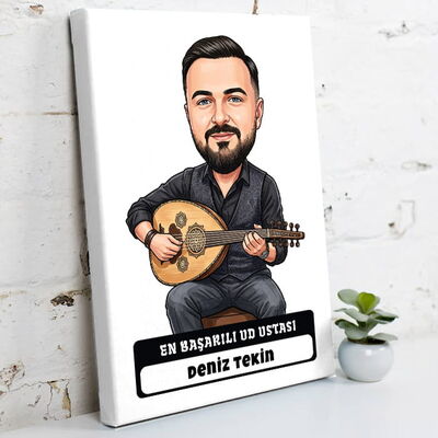 Ud Ustası Müzisyen Erkek Karikatürlü Kanvas Tablo - 1