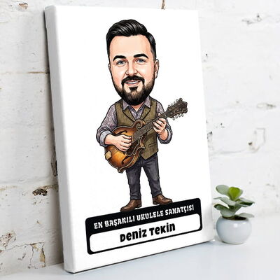 Ukulele Sanatçısı Müzisyen Erkek Karikatürlü Kanvas Tablo - 1