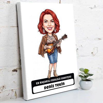 Ukulele Sanatçısı Müzisyen Kadın Karikatürlü Kanvas Tablo - 1