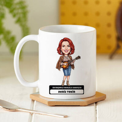 Ukulele Sanatçısı Müzisyen Kadın Karikatürlü Kupa Bardak - 1