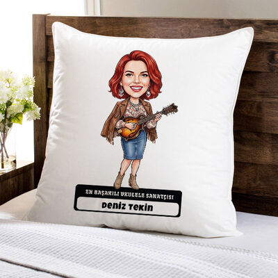 Ukulele Sanatçısı Müzisyen Kadın Karikatürlü Yastık - 1