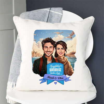 Vapurda Aşk Karikatürlü Yastık - 1