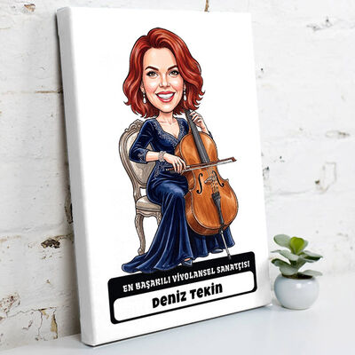 Viyolonsel Sanatçısı Müzisyen Kadın Karikatürlü Kanvas Tablo - 1