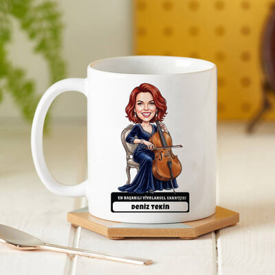 Viyolonsel Sanatçısı Müzisyen Kadın Karikatürlü Kupa Bardak - 1