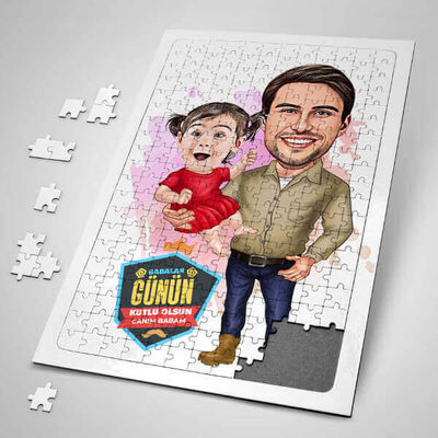 Yakışıklı Baba ve Kızı Karikatürlü Puzzle - 1
